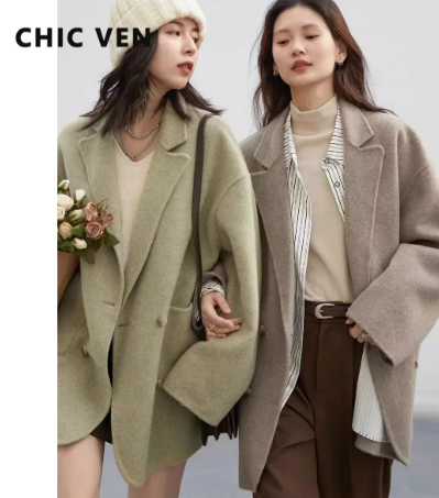 CHIC VEN 女士羊毛大衣 宽松休闲双排扣复古双面夹克 OL外套 2026秋冬款